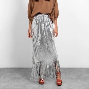 Rachel Comey Treadlight Silver Sequin Fringe Maxi Skirt sz 0 XS